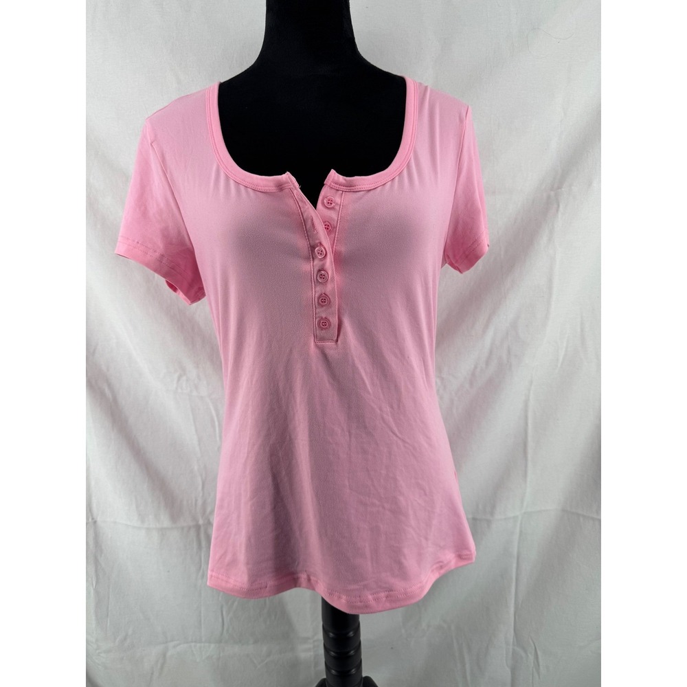 SHEIN Women Pink Henley Short Sleeve Scoop Neck Button Front Top XL
